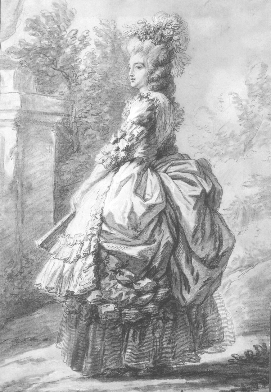 الملكة ماري أنطوانيت (1755-1793) ، تمشي في حديقة ، 1780 (غسيل بالقلم الجاف والحبر والطباشير على الورق) بواسطة المدرسة الفرنسية
