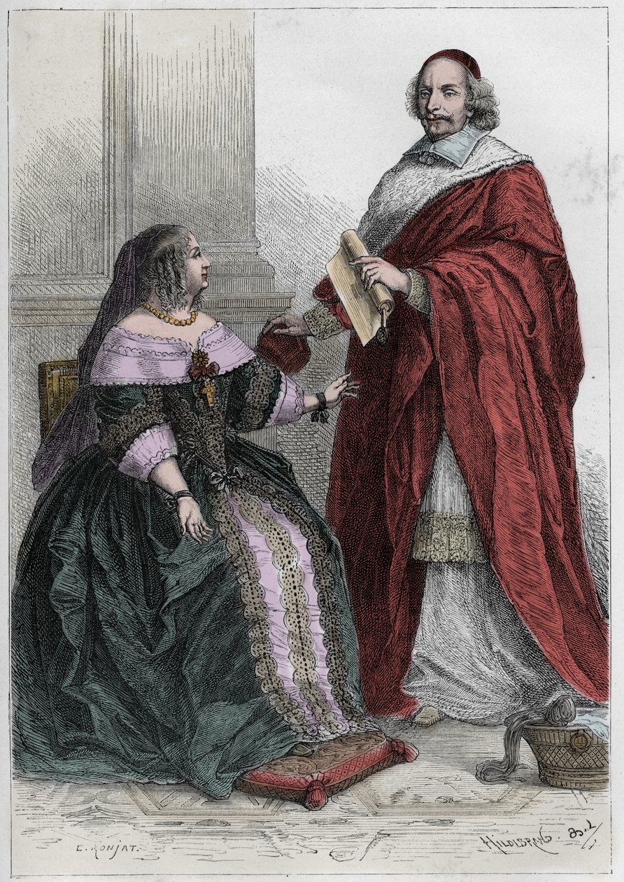ملكة فرنسا آن ملكة النمسا (1601-1666) والكاردينال جول مازارين (جوليو رايموندو مازارينو أو مازارينو) (1602-1661 - آن النمسا (1601-66) مع الكاردينال مازارين (1602-61) - نقش من "" L " روى تاريخ فرنسا لأحفادي "" - ب بواسطة المدرسة الفرنسية