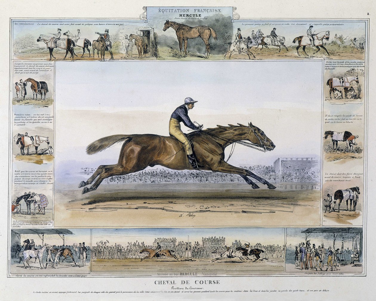 Race horse in “” Picturesque history of ancient and modern riding”” by Charles Aubry بواسطة المدرسة الفرنسية