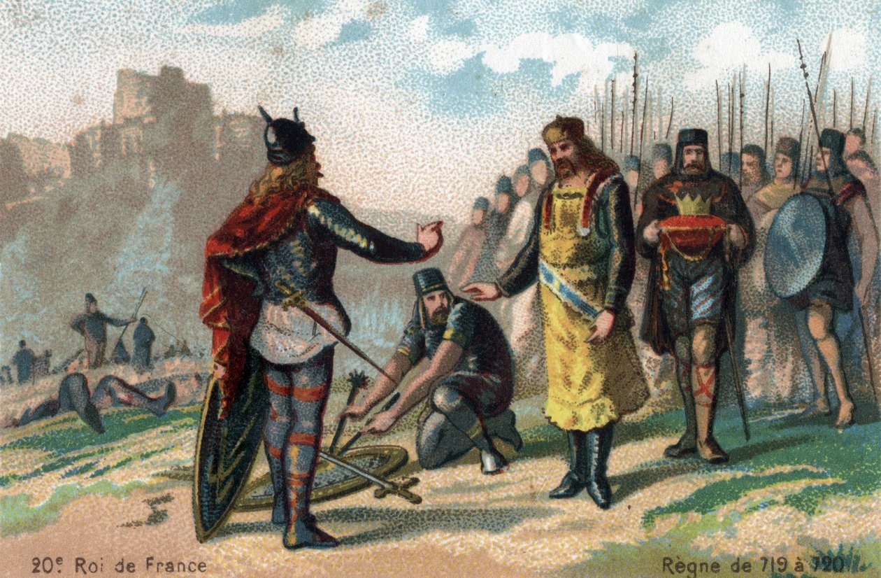 Rainfroy (Rainfroi) ، حصار من قبل Charles Martel في Angers ، Capitule ، حوالي 717. Chromolithography حوالي عام 1890. بواسطة المدرسة الفرنسية