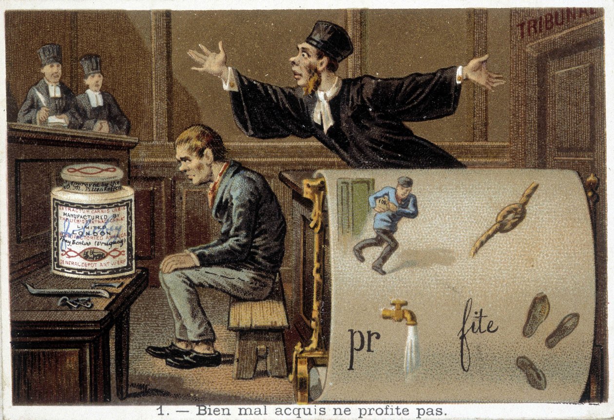 Rebus and scene illustrating the proverb “Well mal acquis ne jamais profit” - chromo. Liébig بواسطة المدرسة الفرنسية