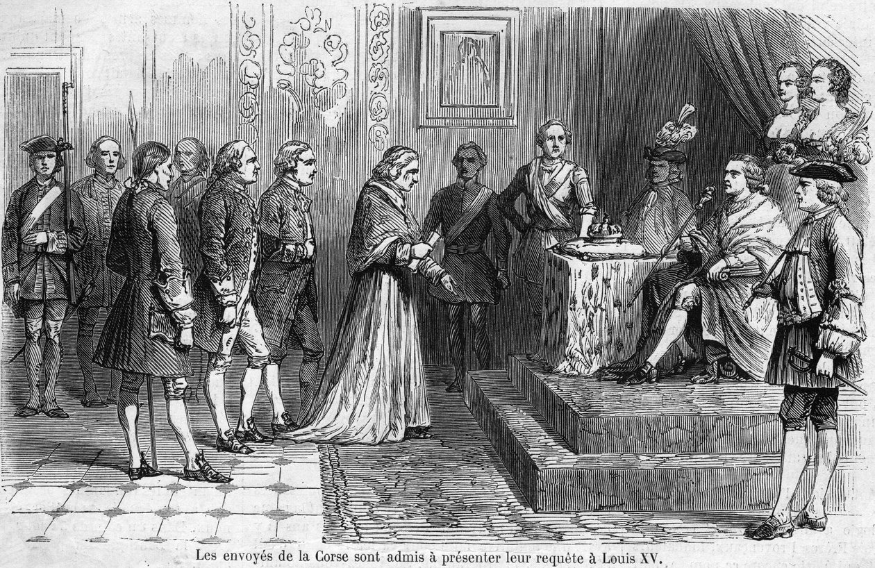 استقبال الملك لويس الخامس عشر (1710-1774) للوفد الكورسيكي في عام 1769. يطلب المبعوثون إلحاق الجزيرة بفرنسا. بواسطة المدرسة الفرنسية