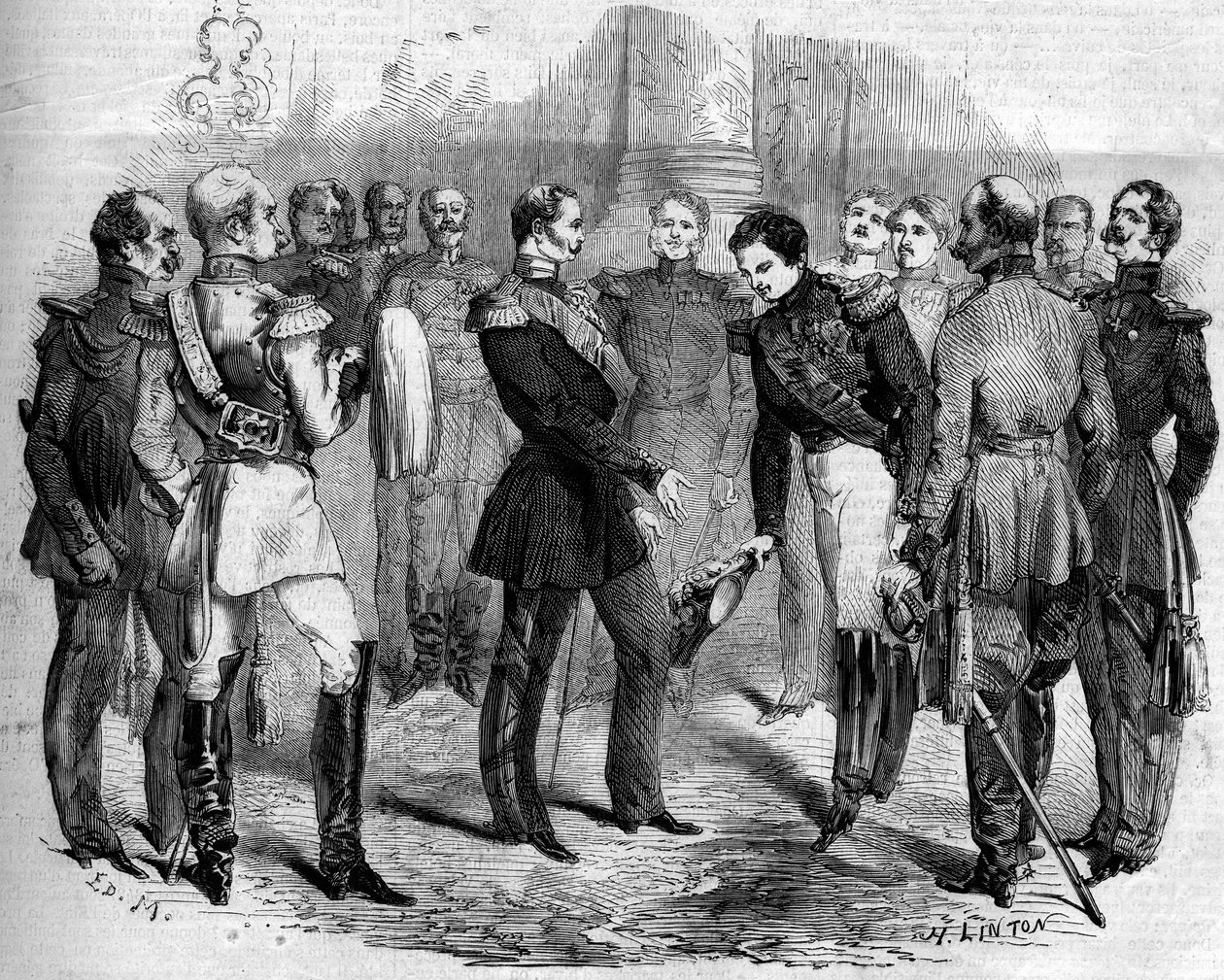 Reception of the French Emperor Napoleon III (1808-1873) by the Russian Tsar Alexander II (1818-1881) in Warsaw (Poland) بواسطة المدرسة الفرنسية