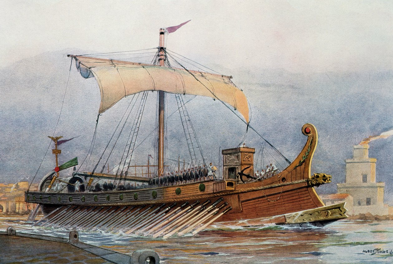 Reconstruction of Roman vessel leaving arsenal, watercolour, France بواسطة المدرسة الفرنسية