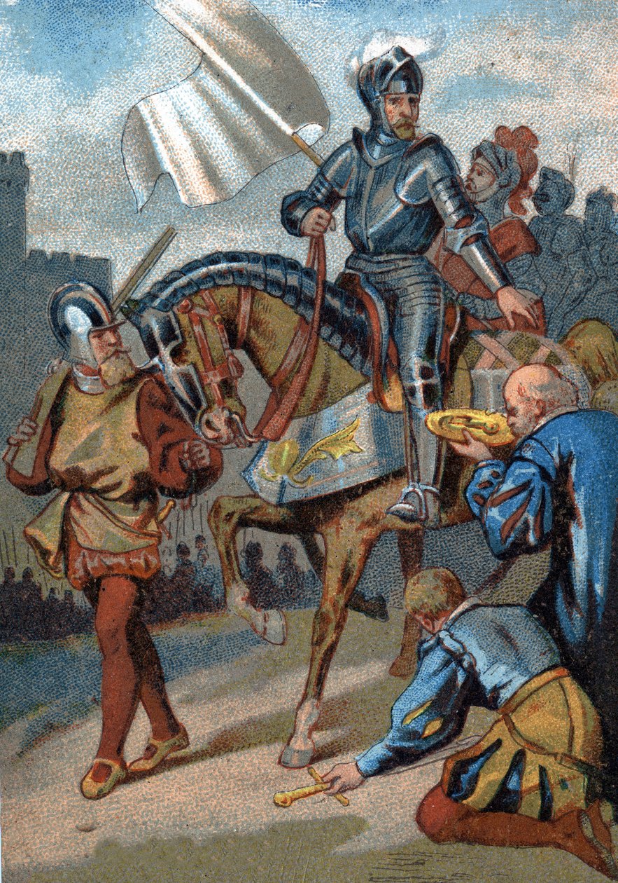 استعادة كاليه على اللغة الإنجليزية من قبل دوق Guise في 1558. Chromolithography من سلسلة "" التربية الوطنية من خلال الصورة "". بواسطة المدرسة الفرنسية