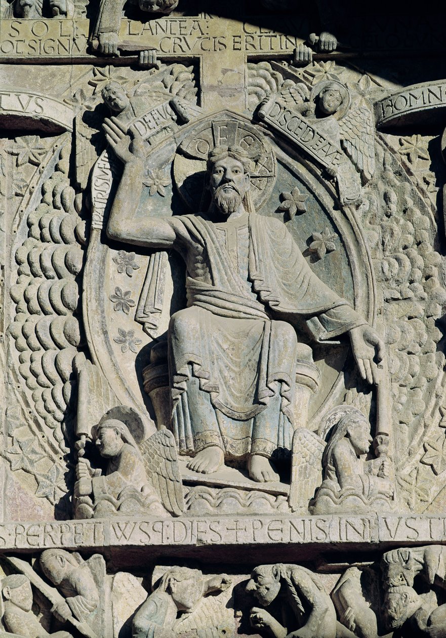 نقش يصور المسيح في المجد ، التفاصيل من الدينونة الأخيرة على الطبلة ، c.1140 بواسطة المدرسة الفرنسية