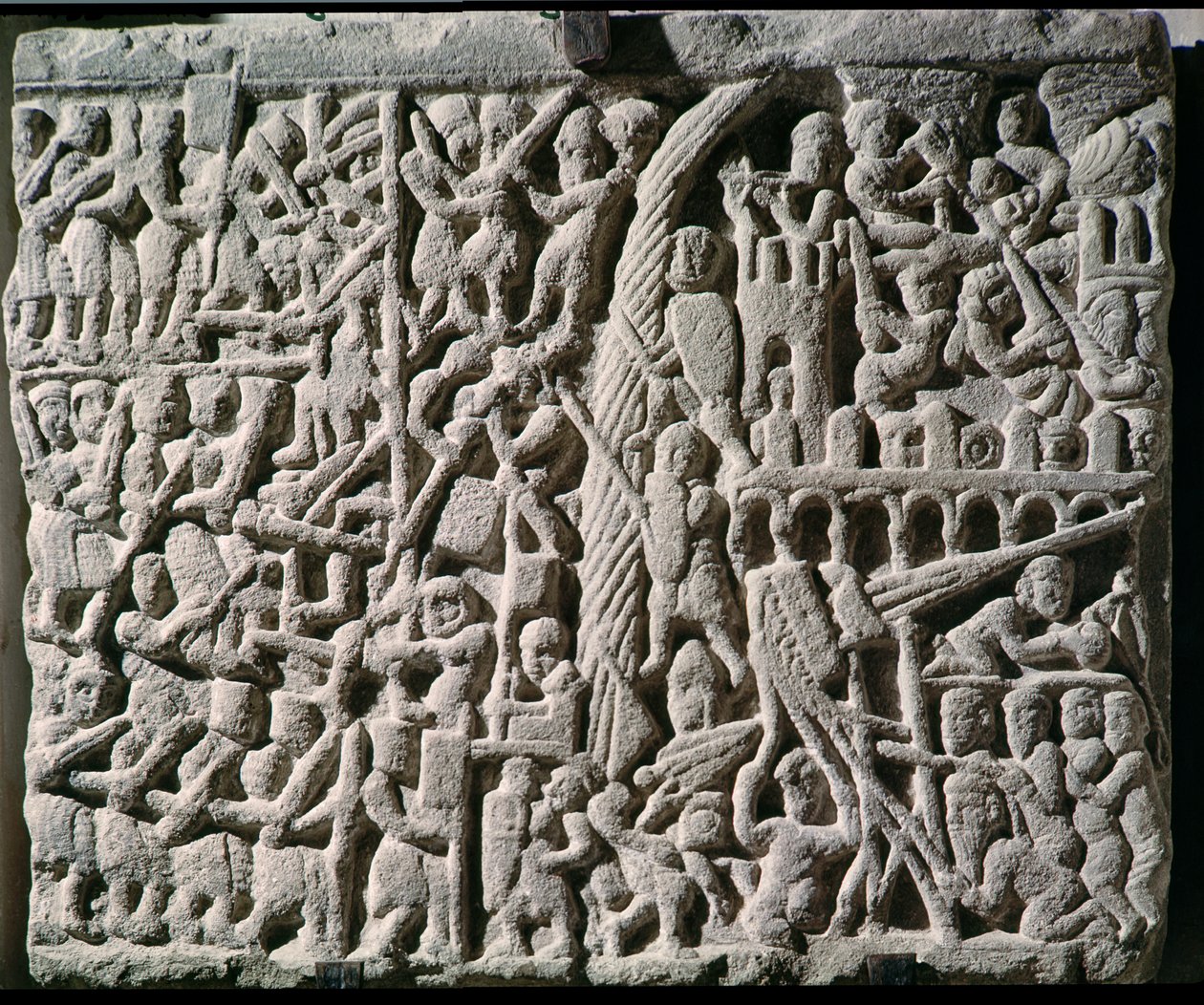 نقش يصور حصار كاركاسون بواسطة سيمون دي مونتفورت (1160-1218) في 1209 بواسطة المدرسة الفرنسية