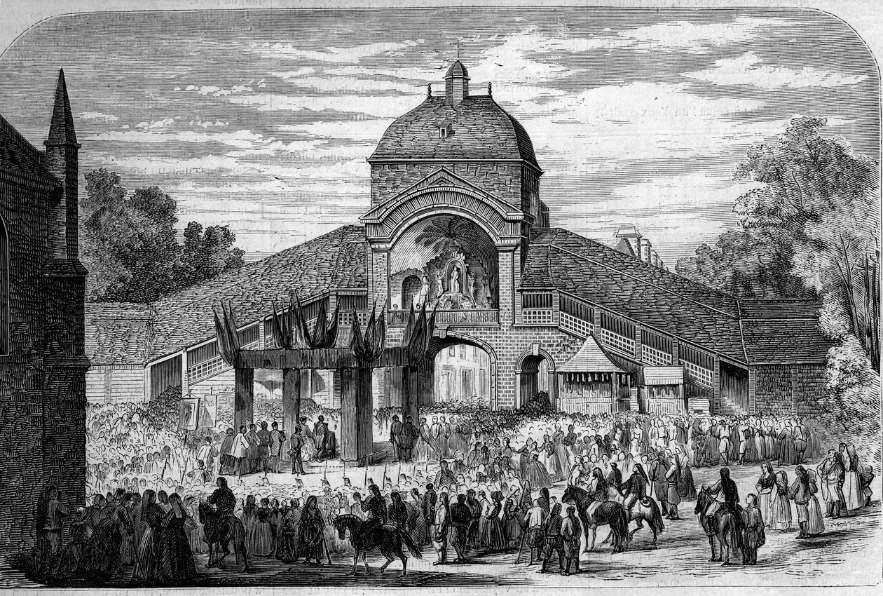 احتفال ديني - 15 أغسطس 1858: قداس الافتتاح سيليبري عند مذبح بيليرين للقديسة آن دوراي (موربيهان ، 56) ، في حضور نابليون الثالث (1808-1873) و Impress Eugenie (1826-1920) - نقش في "Th بواسطة المدرسة الفرنسية