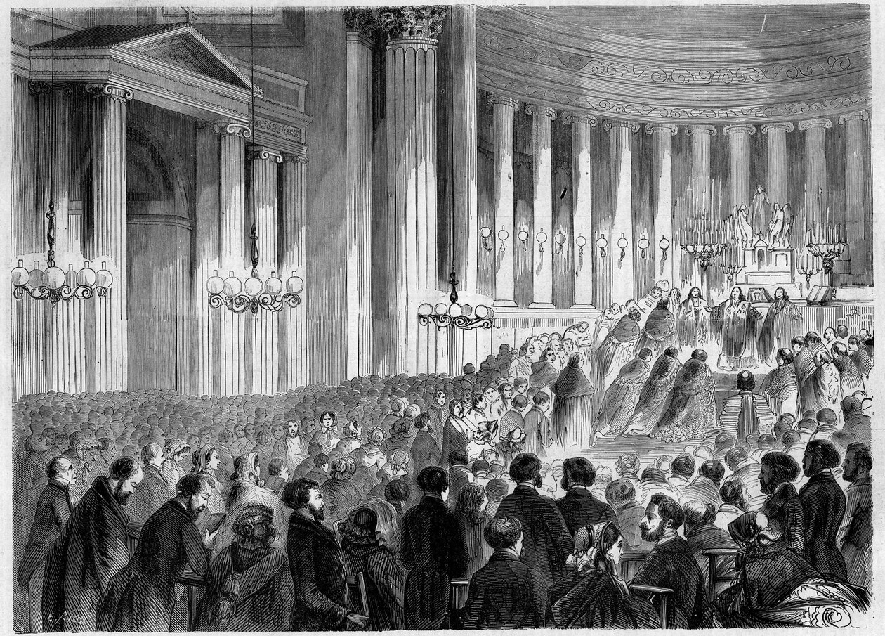 مراسم دينية ، باريس ، نويل 1857: الاحتفال بقداس منتصف الليل في كنيسة مادلين. نقش في "" Le Monde Illustré "" رقم 38 في 2 يناير بواسطة المدرسة الفرنسية