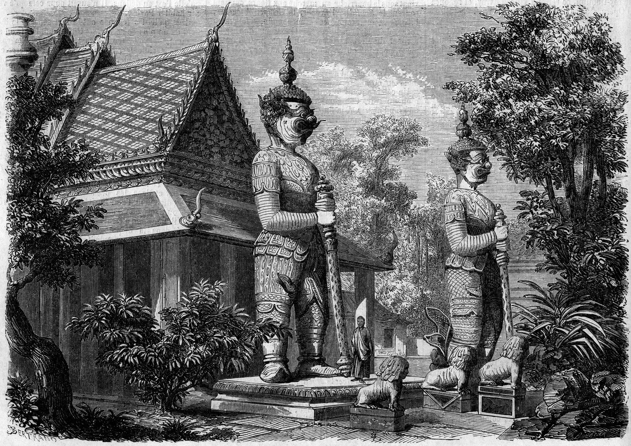 العمارة الدينية: منظر خارجي لمعبد باغودا في بانكوك (سيام) عام 1861. نقش في "" Le Monde Illustré "" رقم 223 بتاريخ 20 يوليو 1861. بواسطة المدرسة الفرنسية