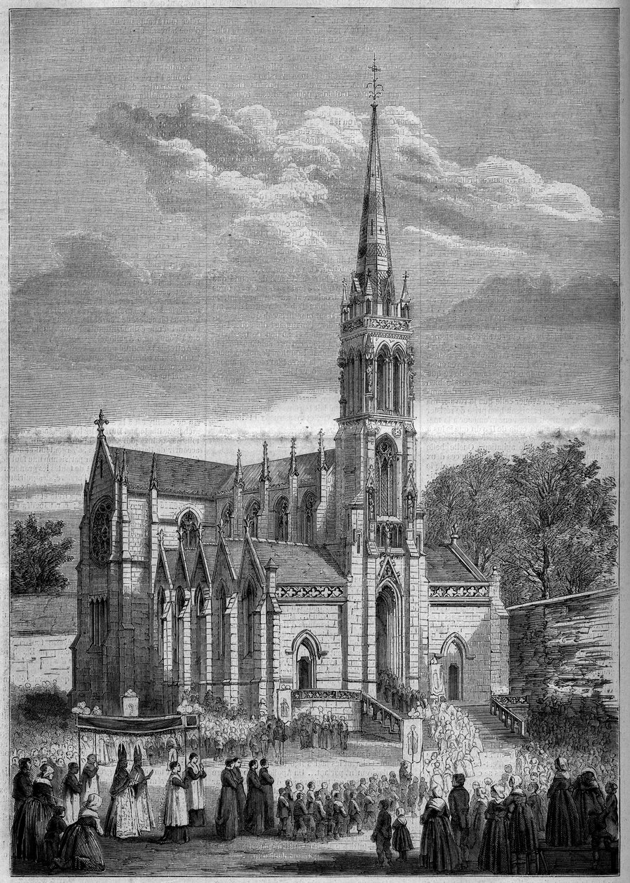 العمارة الدينية: منظر عام لكنيسة Monfort le Retrou (اليوم Montfort le Gesnois in the Sarthe (72) ، يوم افتتاحها في عام 1858. من رسم للسيد مولان. نقش في "" Le Monde Illustré "" ن رقم 77 بتاريخ 2 أكتوبر 1858. بواسطة المدرسة الفرنسية