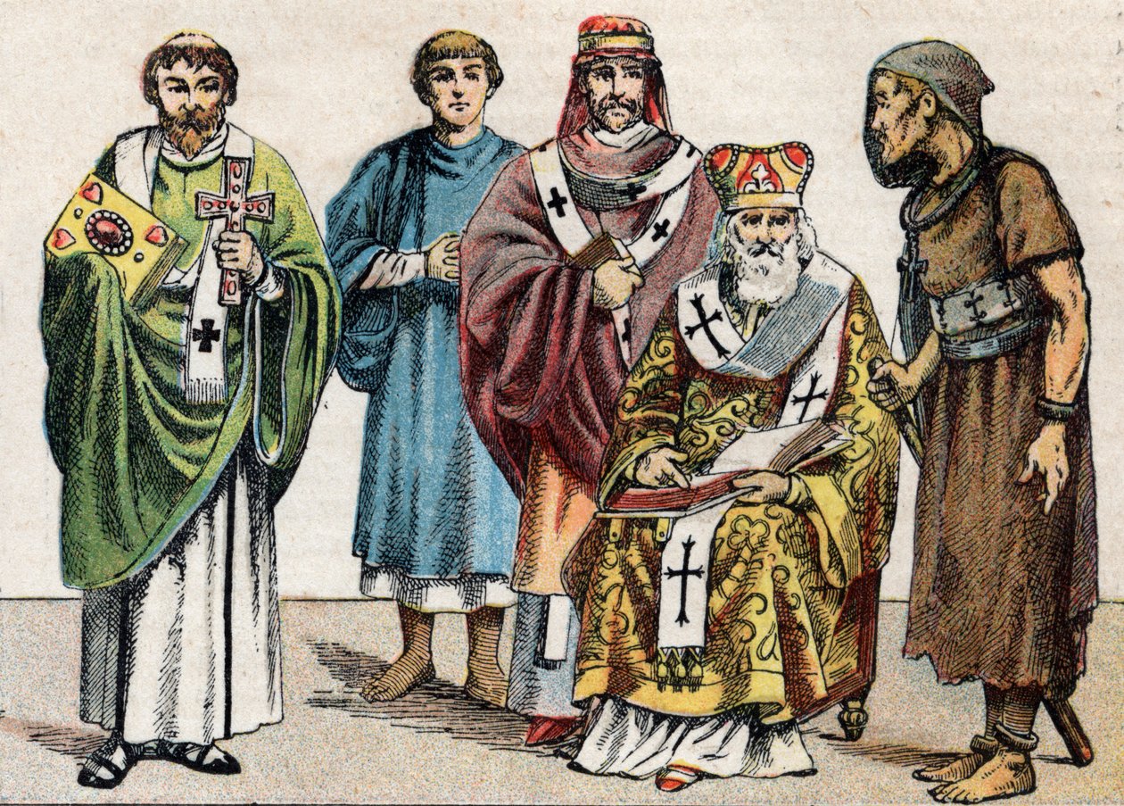 الأزياء الدينية في العصور القديمة: من صورة g d لشماس بيزنطي ، كاهن مسيحي من القرن الأول ، قديسة في القرن الخامس ، بطريرك بيزنطي و Anachorete - نقش - أزياء دينية في العصور القديمة: من اليسار إلى اليمين بواسطة المدرسة الفرنسية