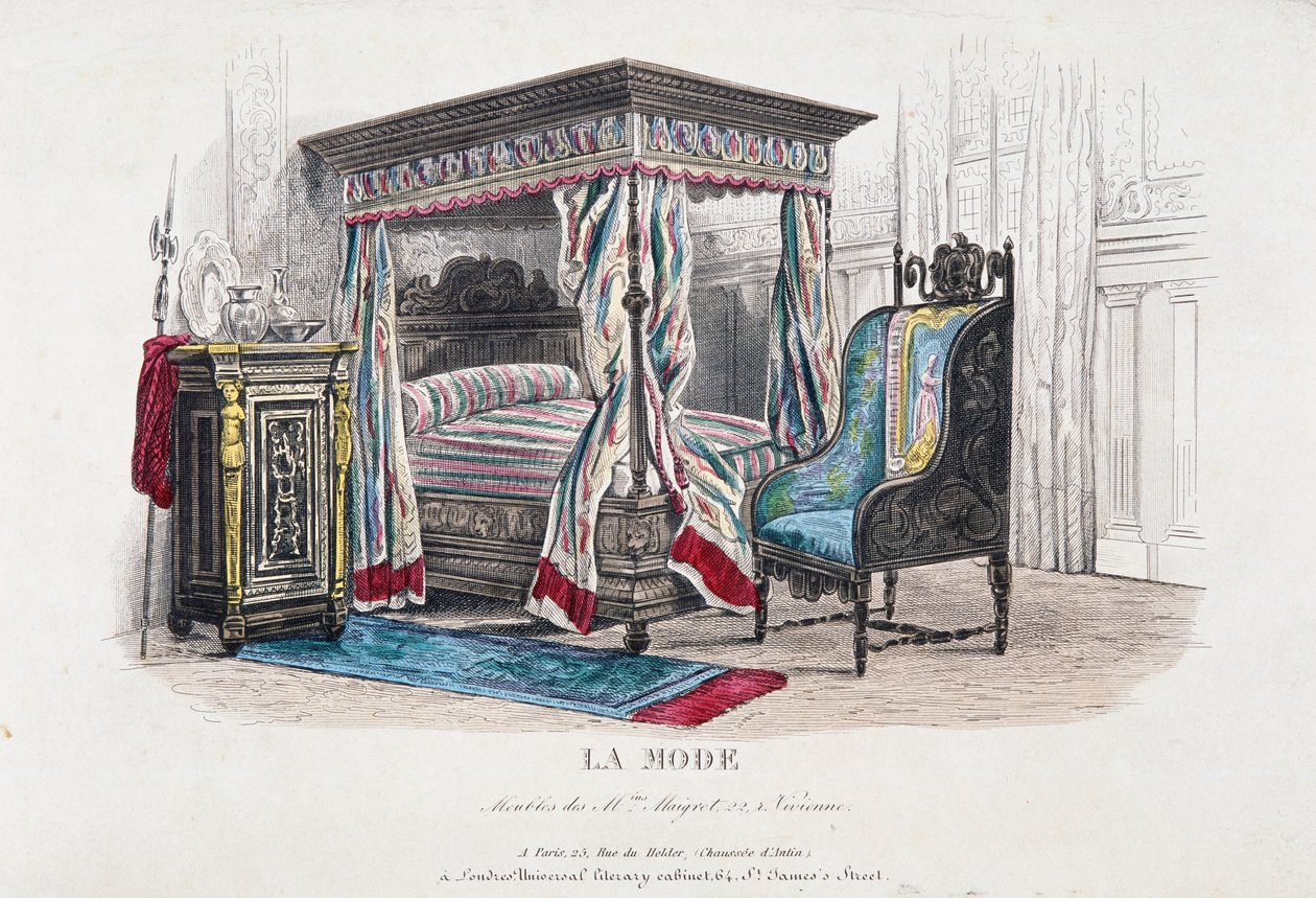 تم تنقيح التصميم الداخلي لعصر النهضة وتفسيره في ذوق عصر نابليون الثالث ، ونقش من مجلة La Mode (Fashion) ، فرنسا بواسطة المدرسة الفرنسية