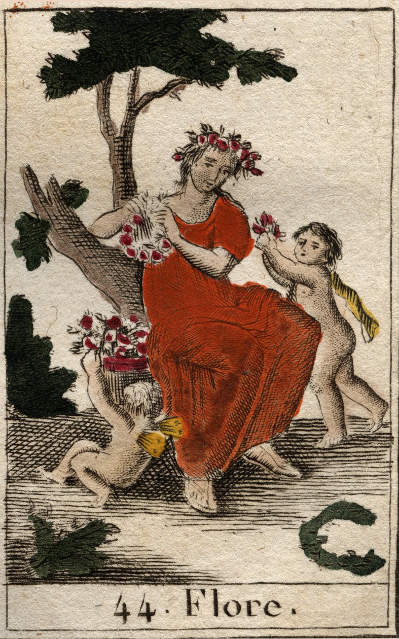 تمثيل فلورا (فلورا) إلهة الزهور. (فلورا ، إلهة الزهور وموسم الربيع) من "Mythologie de la jeunesse" لبيير بلانشارد 1803. بواسطة المدرسة الفرنسية