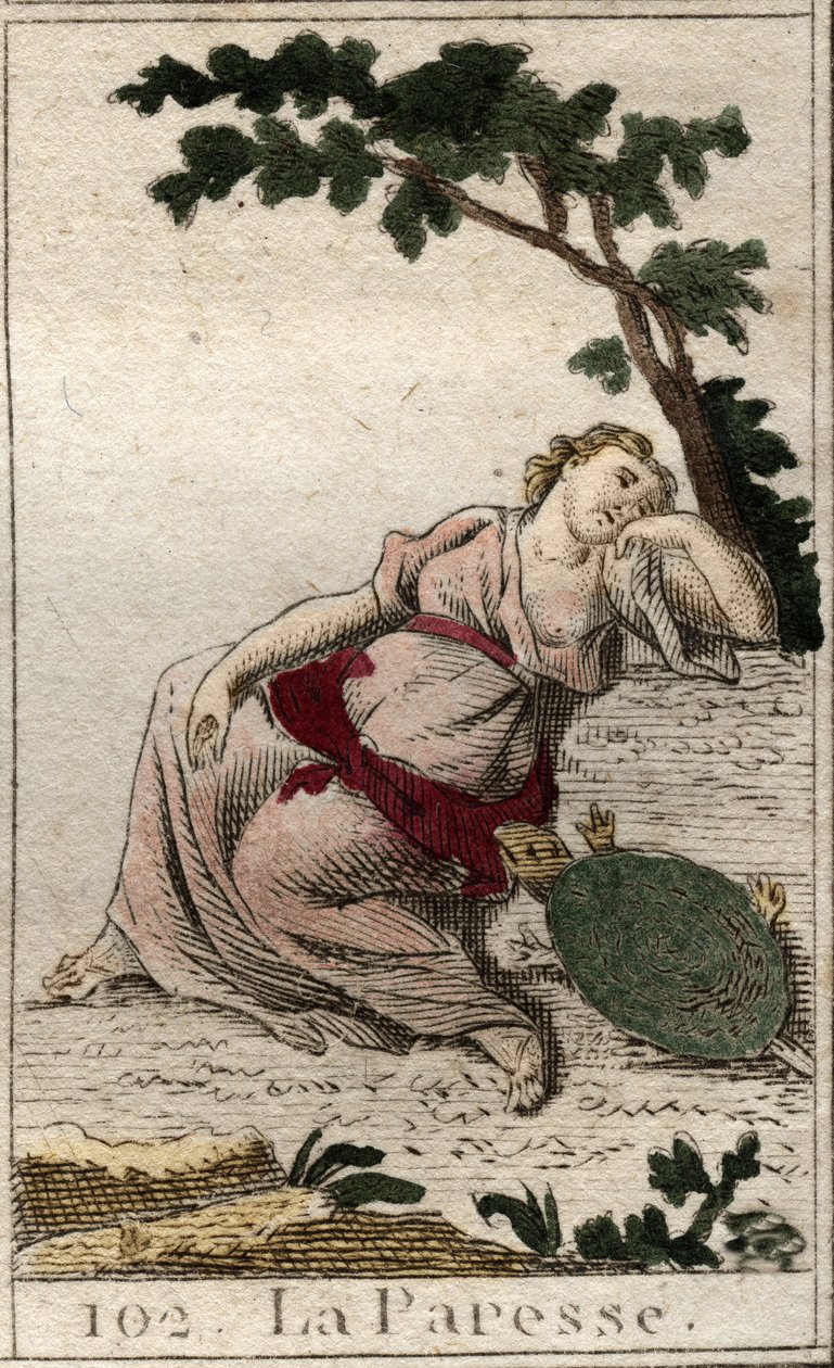 تمثيل كسل ابنة الليل والنوم كشاب مع سلحفاة. من "أساطير الشباب" بيير بلانشارد 1803. بواسطة المدرسة الفرنسية