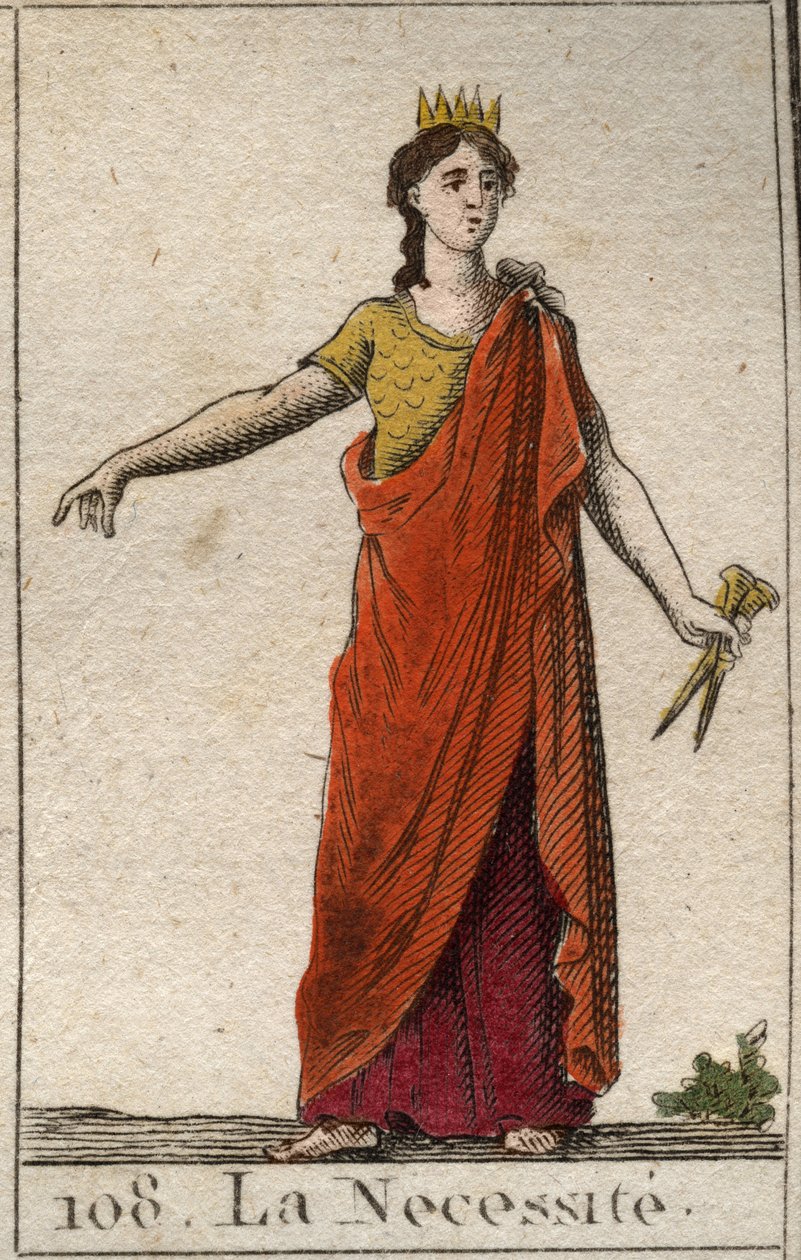 Representation of Necessity, as an unyielding woman, daughter of Fortune, with bronze hands. From “Mythology of Youth” by Pierre Blanchard 1803. بواسطة المدرسة الفرنسية
