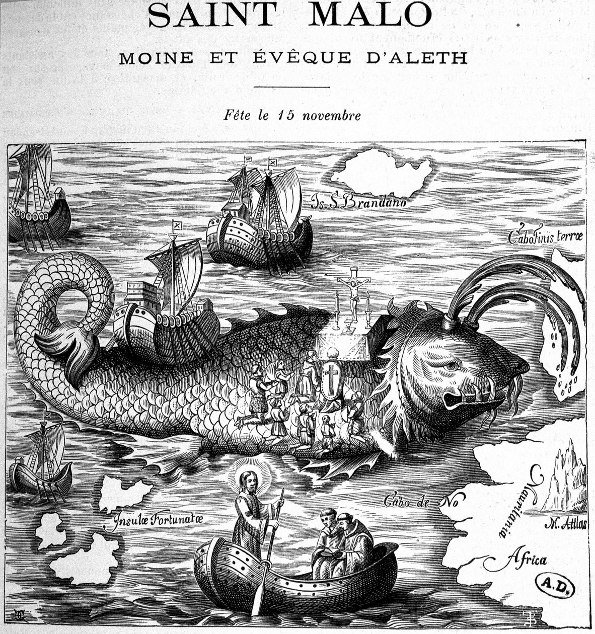 Representation of Saint Malo (Saint Maclou) on the back of a whale represented in the way of Saint Brendan (Brandan) by Clonfert or Breanainn by Clonfert (ca. 484-577/578) - engraving بواسطة المدرسة الفرنسية