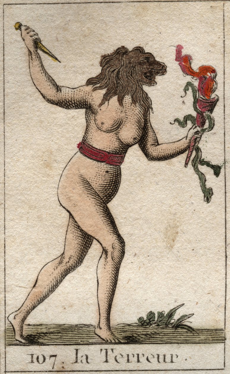 Representation of Terror, as a woman with a lion head, holding a knife and snakes. From “Mythology of Youth” by Pierre Blanchard 1803. بواسطة المدرسة الفرنسية
