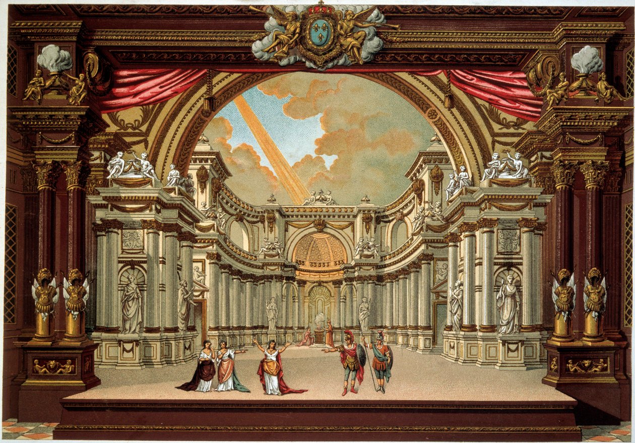 Representation of a play by Jean Baptiste Poquelin dit Moliere (1622-1673) at the theatre of the chateau of Versailles. Lithograph of the 19th century. Decorative Arts, Paris بواسطة المدرسة الفرنسية