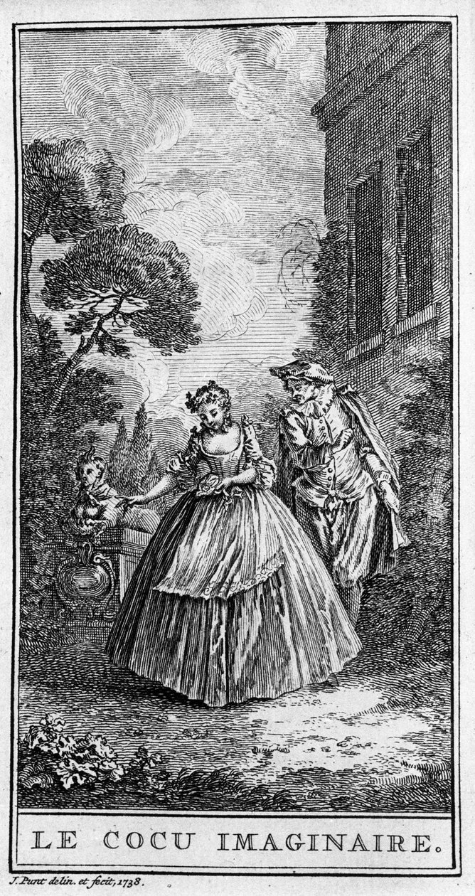 تمثيل مشهد من قطعة "Sganarelle ou le cuckold imaginaire" (1660) بواسطة Jean Baptiste Poquelin dit Moliere (1622-1673). نقش من عام 1738. بواسطة المدرسة الفرنسية