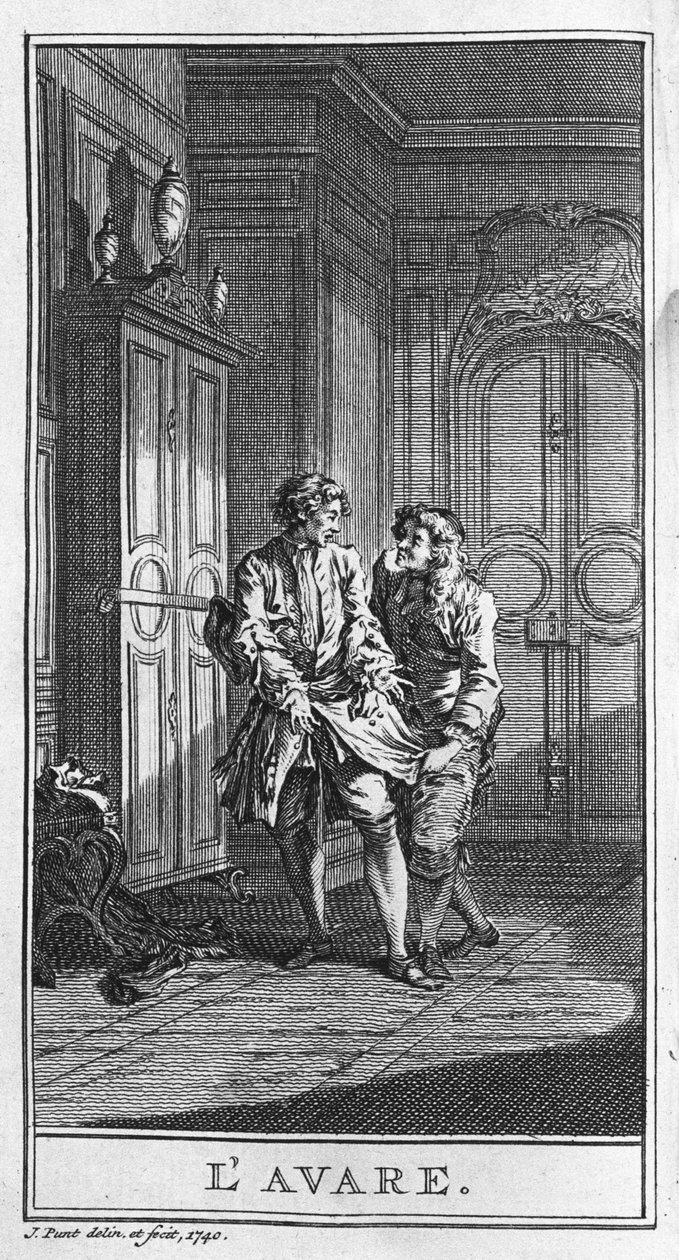 تمثيل مشهد من مسرحية "L'avare ou l'ecole du Lensonge" للمخرج جان بابتيست بوكلين ديت موليير (1622-1673). نقش من عام 1740. بواسطة المدرسة الفرنسية