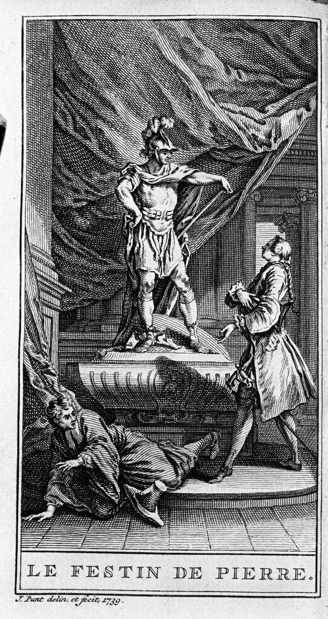تمثيل مشهد من قطعة "" Dom juan ou le fen de Pierre "" (1665) من قبل جان بابتيست بوكلين دي موليير (1622-1673). نقش من عام 1739. بواسطة المدرسة الفرنسية