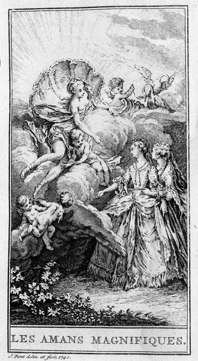 تمثيل مشهد من قطعة "Les Lovers Magnificients" (1670) من قبل Jean Baptiste Poquelin dit Moliere (1622-1673). نقش من عام 1740. بواسطة المدرسة الفرنسية
