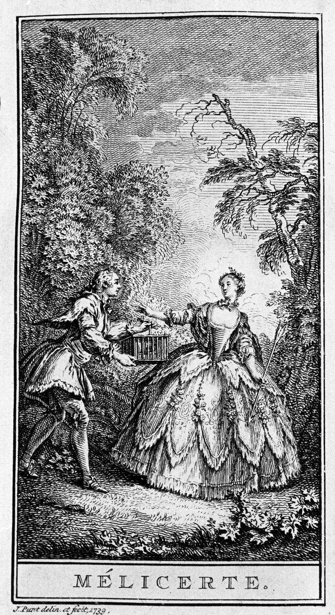 تمثيل مشهد من قطعة "Melicerte" (1666) من قبل جان بابتيست بوكلين ديت موليير (1622-1673). نقش من عام 1739. بواسطة المدرسة الفرنسية
