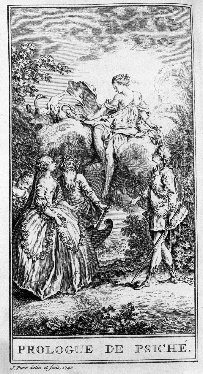 تمثيل مشهد من قطعة "" مقدمة النفس "" لجين بابتيست بوكلين ديت موليير (1622-1673). نقش من عام 1740. بواسطة المدرسة الفرنسية