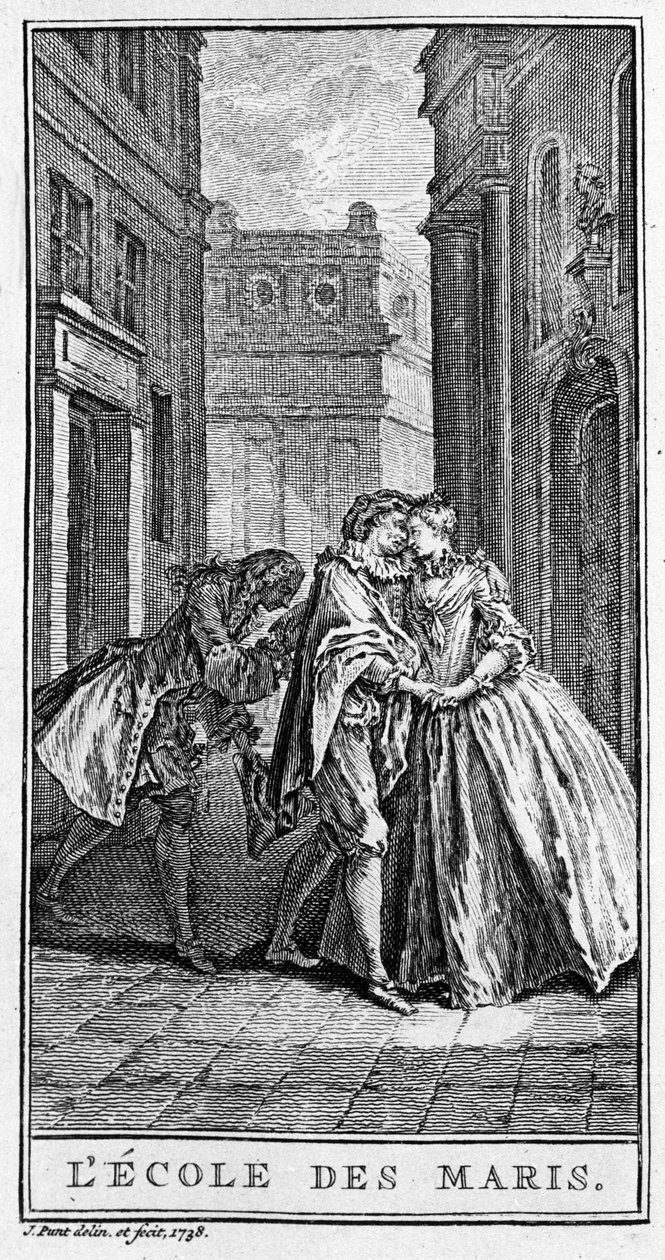 تمثيل مشهد من مسرحية "L'Ecole des Maris" (1661) لجان بابتيست بوكلين ديت موليير (1622-1673). نقش من عام 1738. بواسطة المدرسة الفرنسية