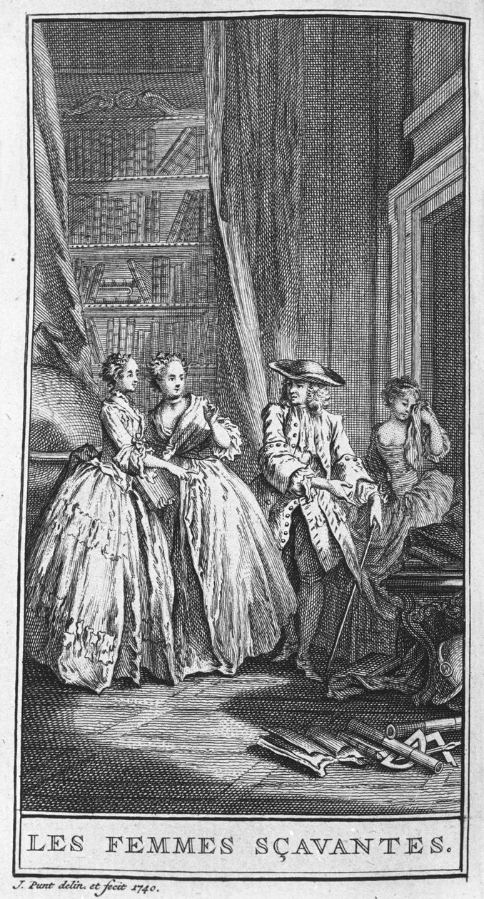 تمثيل مشهد من مسرحية "Les femmes savantes" (1672) لجان بابتيست بوكلين ديت موليير (1622-1673). نقش من عام 1740. بواسطة المدرسة الفرنسية