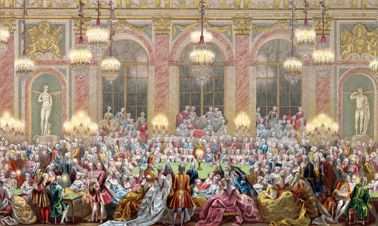 تمثيل جلسة "Jeu du roi" في بلاط الملك لويس الخامس عشر ، لعبة الملك بواسطة المدرسة الفرنسية