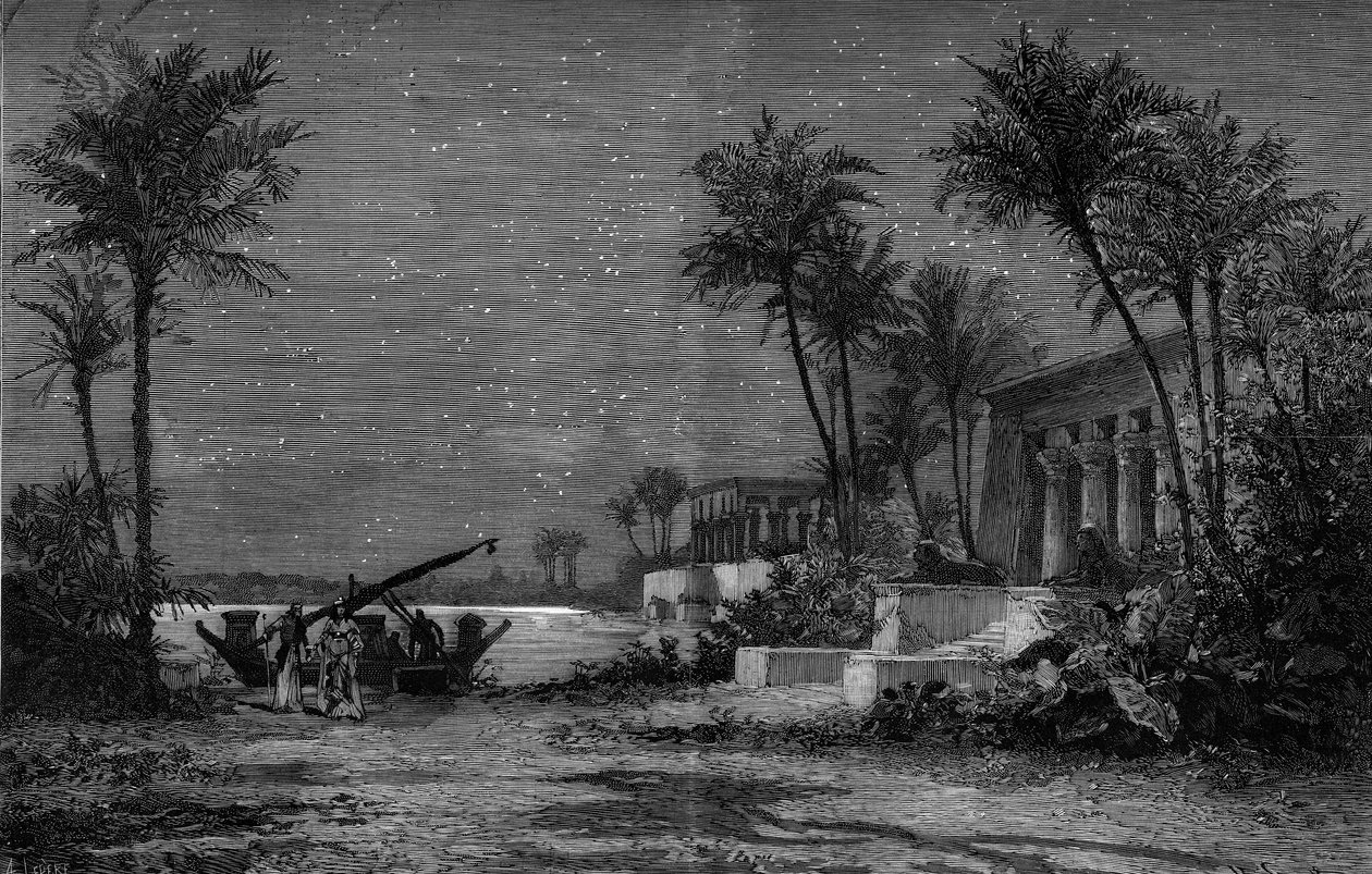 تمثيل أوبرا: "عايدة" لجوزيبي فيردي (1813-1901). ضفاف النيل (الفصل الثالث). ديكور جان لويس شيريت (1820-1882). نقش بواسطة سكوت في "" Le Monde Illustré "" رقم 1201 بتاريخ 3 أبريل بواسطة المدرسة الفرنسية