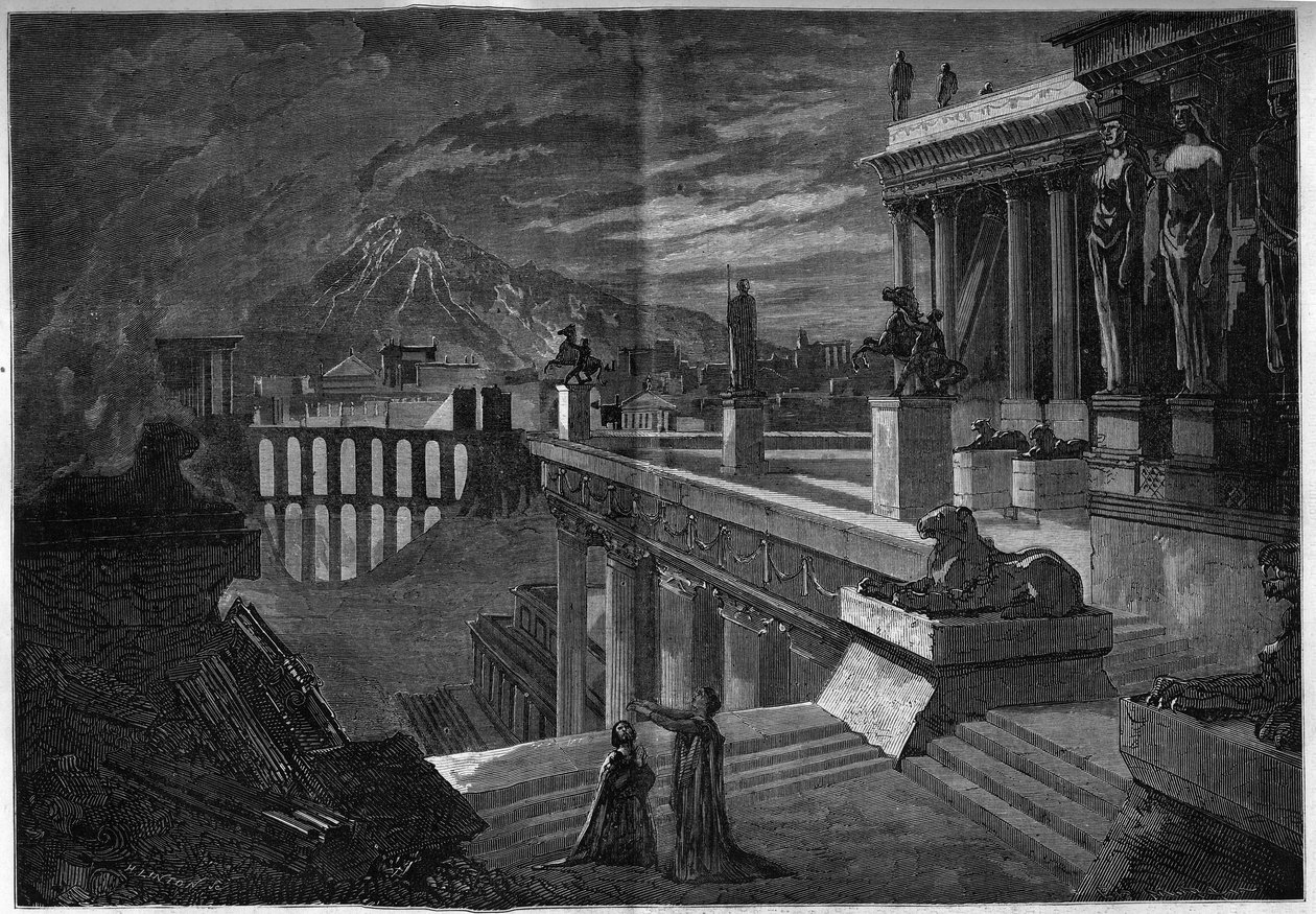 تمثيل أوبرا: "" Herculanum "على نص ليبريتو لجوزيف ميري (1798-1866) وت. هادوت وموسيقى لفيليسيان ديفيد (1808-1876). بلدة هيركولانوم في وقت تدميرها أثناء ثوران بركان فيزوف (المشهد الأخير من الفصل الخامس). ال بواسطة المدرسة الفرنسية