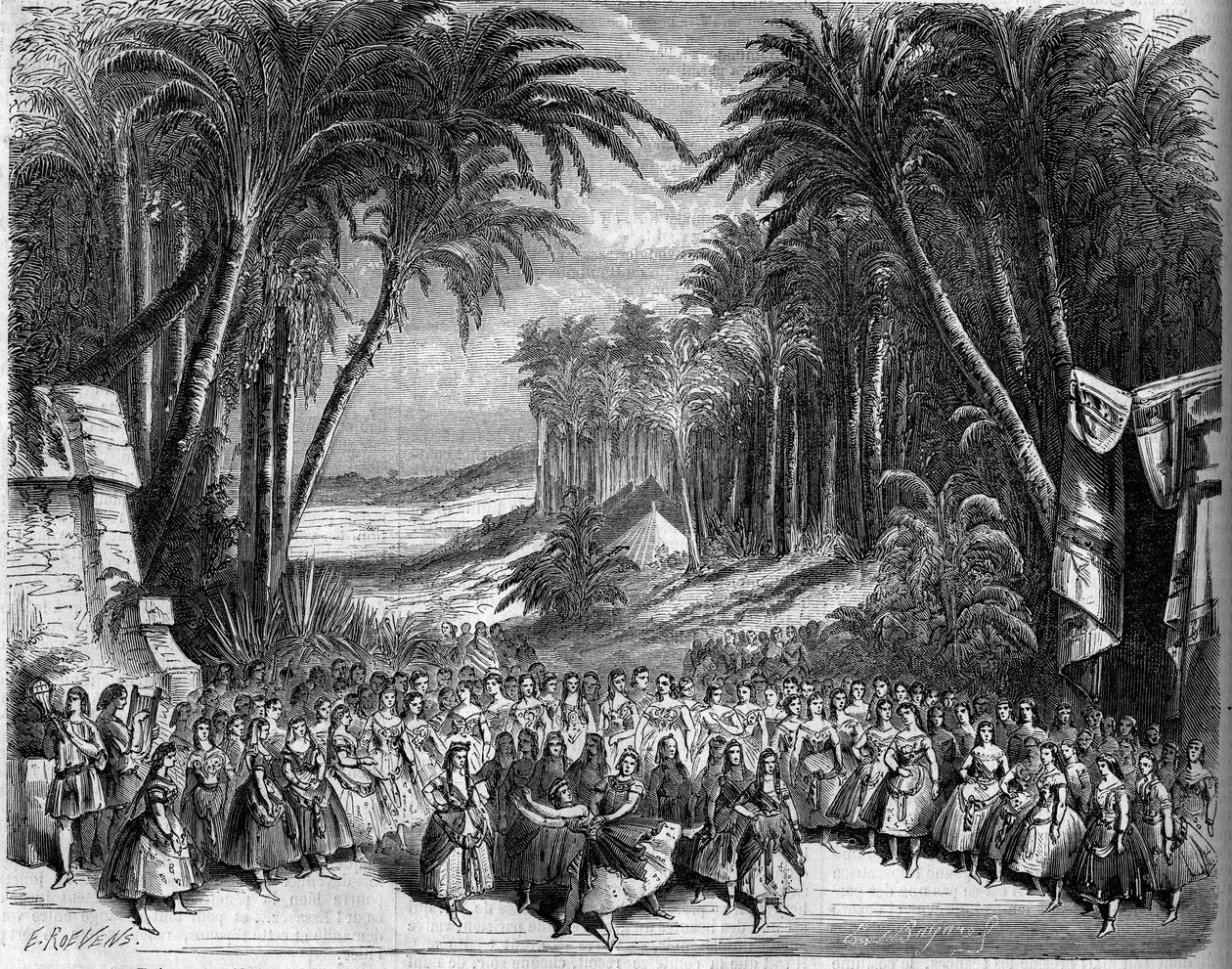 تمثيل أوبرا: سينوغرافيا الفصل الثاني لـ "ملكة سابا" على نص مسرحي لميشيل كاري (1819-1872) وجول باربييه (1822-1901) وموسيقى لتشارلز جونود (1818-1893). باريس ، مسرح الأوبرا بواسطة المدرسة الفرنسية