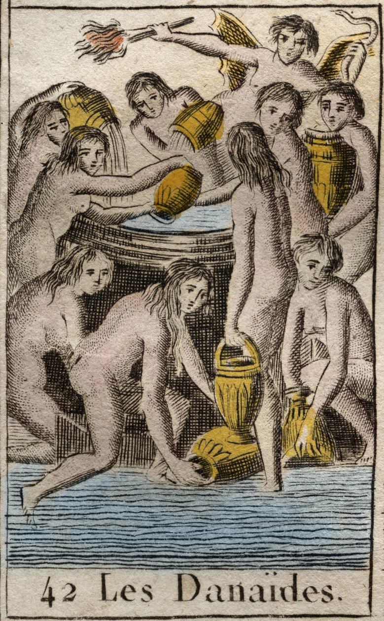 تمثيل Danaides ، بنات الملك Danaos ، المحكوم عليهم بالعالم السفلي ، وملء برميل لا نهاية له ، لقتل أبناء عمومتهن وأزواجهن. (آل Danaides ، بنات Danaus (أو Danaos) عاقبهم الآلهة في Tartarus لحمل بواسطة المدرسة الفرنسية