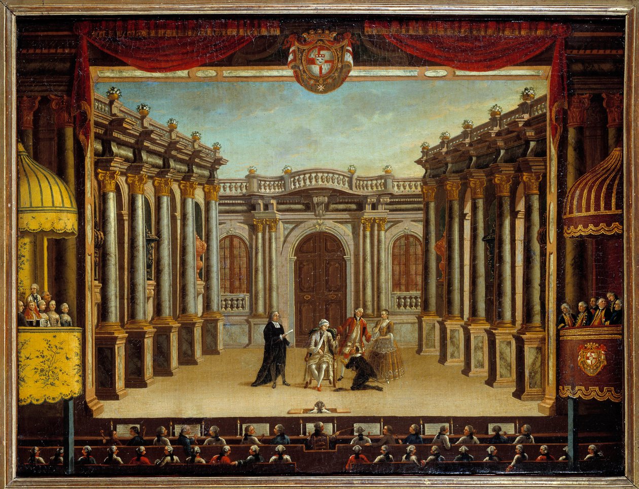 تمثيل "" الملاد الخيالي "لجين بابتيست بوكلين دي موليير (1622-1673) في مسرح مينوركا ، إسبانيا ؛ منظر المشهد. لوحة مجهولة بواسطة المدرسة الفرنسية