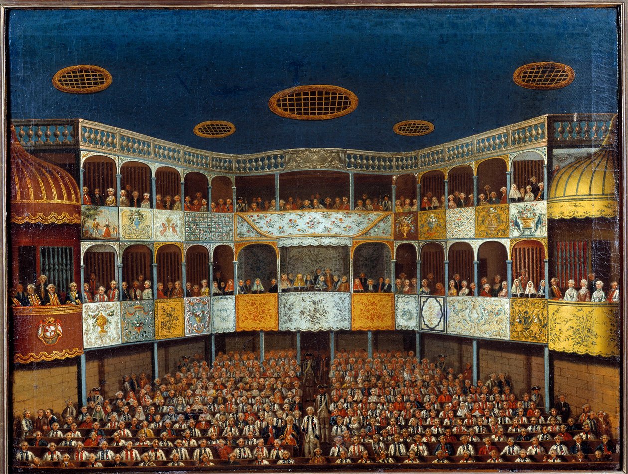 تمثيل "" الملاد الخيالي "لجان بابتيست بوكلين دي موليير (1622-1673) في مسرح مينوركا في إسبانيا ؛ منظر القاعة والجمهور. لوحة القرن الثامن عشر. باريس ، الفنون الزخرفية بواسطة المدرسة الفرنسية