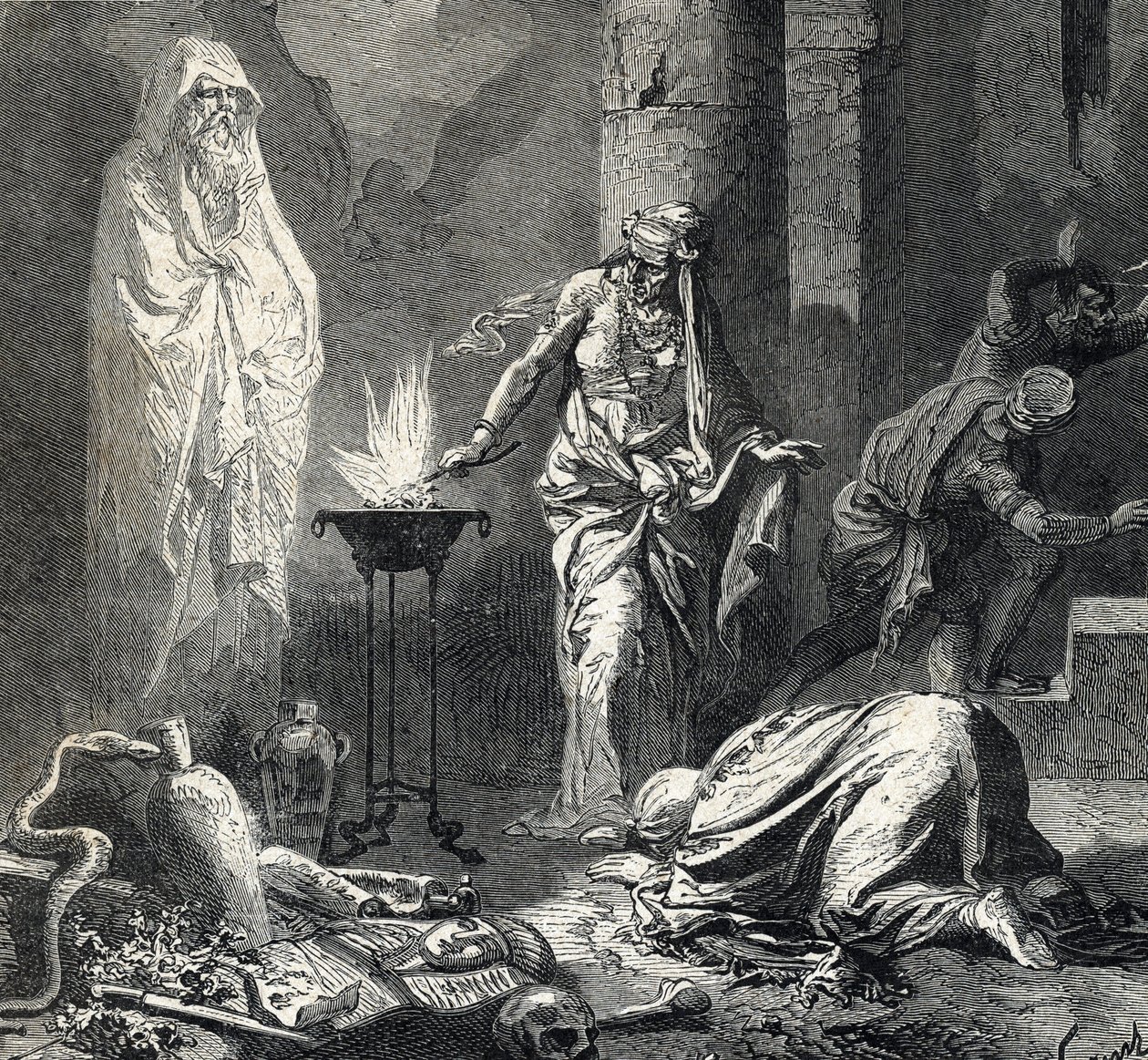 تمثيل ساحرة إندور (أو Pythonisse of Endor) ، وهي قرية كنعانية مذكورة في الكتاب الأول من صموئيل (الكتاب المقدس) والتي لها تعويذة تسمي بها شبح النبي صموئيل الذي قضى مؤخرًا ، بناءً على طلب شاول ، ملك مصر بواسطة المدرسة الفرنسية