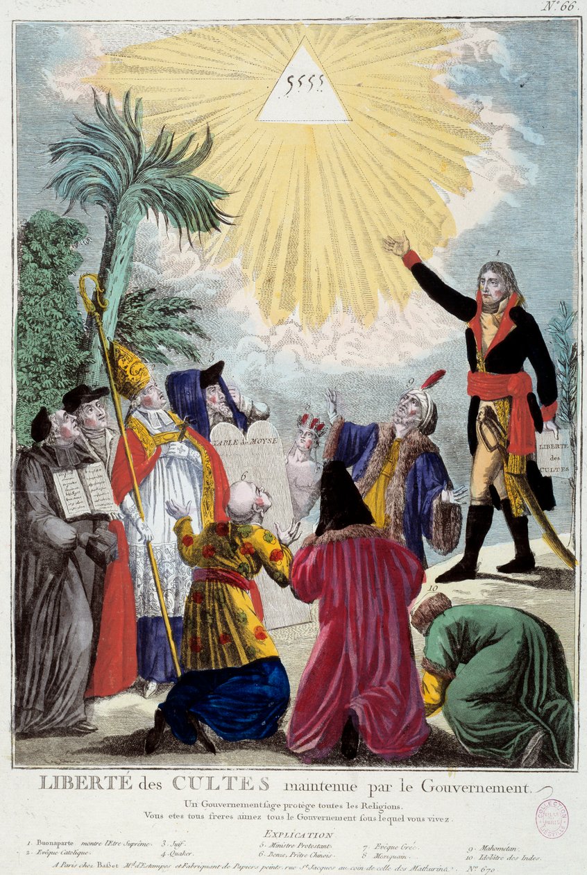 تمثيل حرية العبادة لجميع الأديان تحتفظ به نابليون بونابرت (1769-1821): يشير القنصل الأول إلى مثلث الثالوث الذي يرمز إلى الله الذي يأتي به ممثلو كل دين: إيفيك كاثوليكي ، يهودي ، كويكر ، بواسطة المدرسة الفرنسية