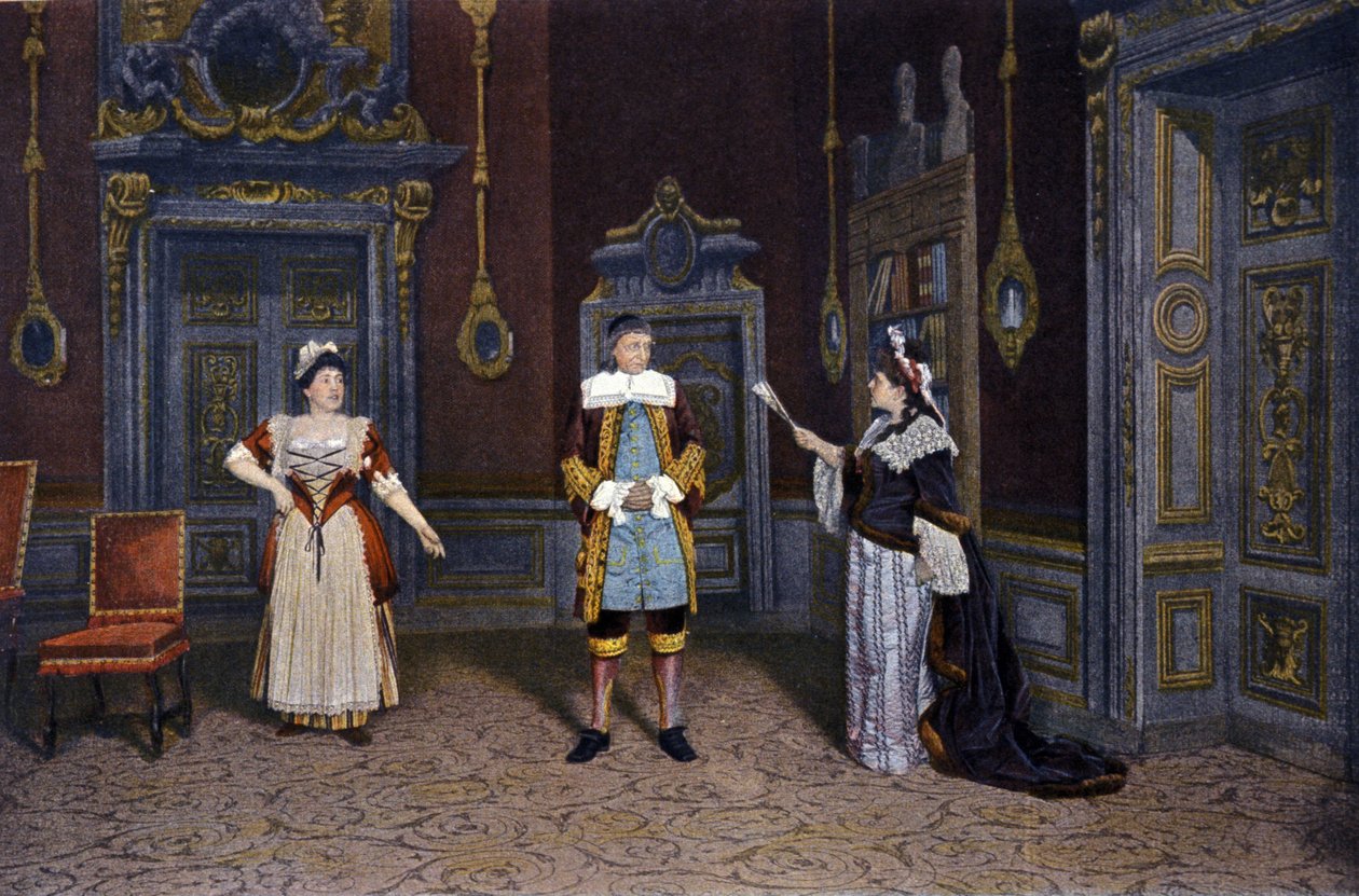 تمثيل القطعة "Les femmes savantes" لـ Jean Baptiste Poquelin dit Moliere (1622-1673) في Comedie francaise حوالي 1885-1890. من اليسار إلى اليمين: السيدة راشيل بوير ، السيد ليلوار ، السيدة بلانش بيرسون بواسطة المدرسة الفرنسية