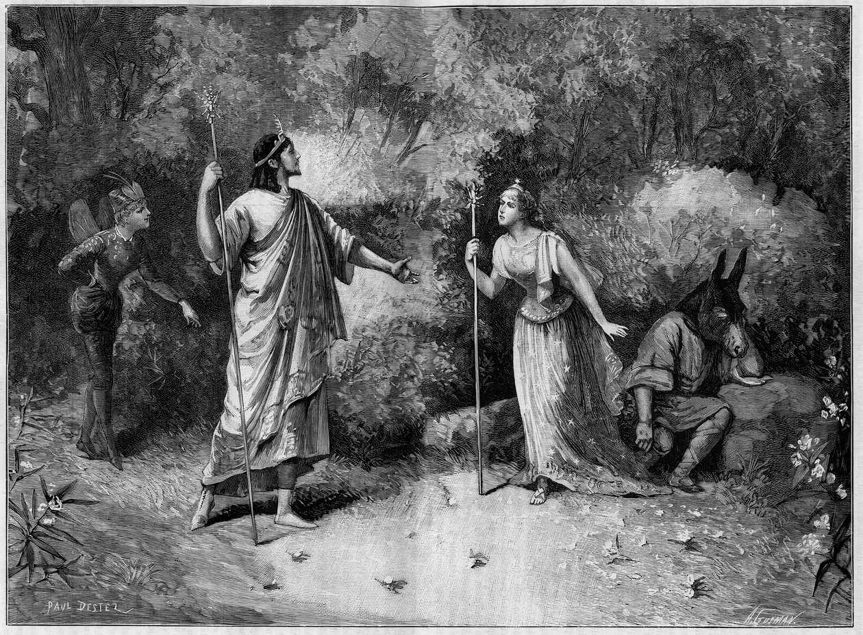 عرض مسرحي: "حلم ليلة منتصف الصيف" لبول موريس (1818-1905) بعد ويليام شكسبير (1564-1616). باريس ، المسرح الوطني للديون بواسطة المدرسة الفرنسية