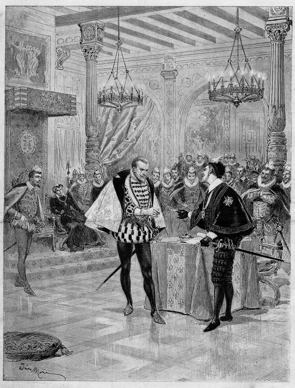 الأداء المسرحي: مشهد من الفصل الرابع من "Henri III et sa Cour" "لألكسندر دوما (1802-1870) في كوميدي فرانسيس في باريس بواسطة المدرسة الفرنسية