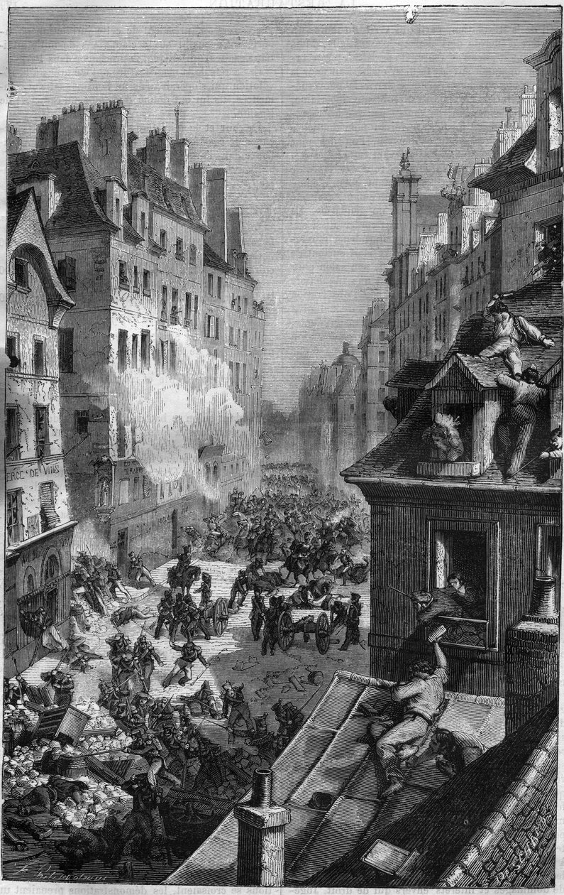 ثورة 1830: قتال في فوبورج القديس أنطوان. نقش في "Histoire des Papes-Rois-Queen and Empereurs عبر القرون" بقلم موريس لاتشاتر بواسطة المدرسة الفرنسية