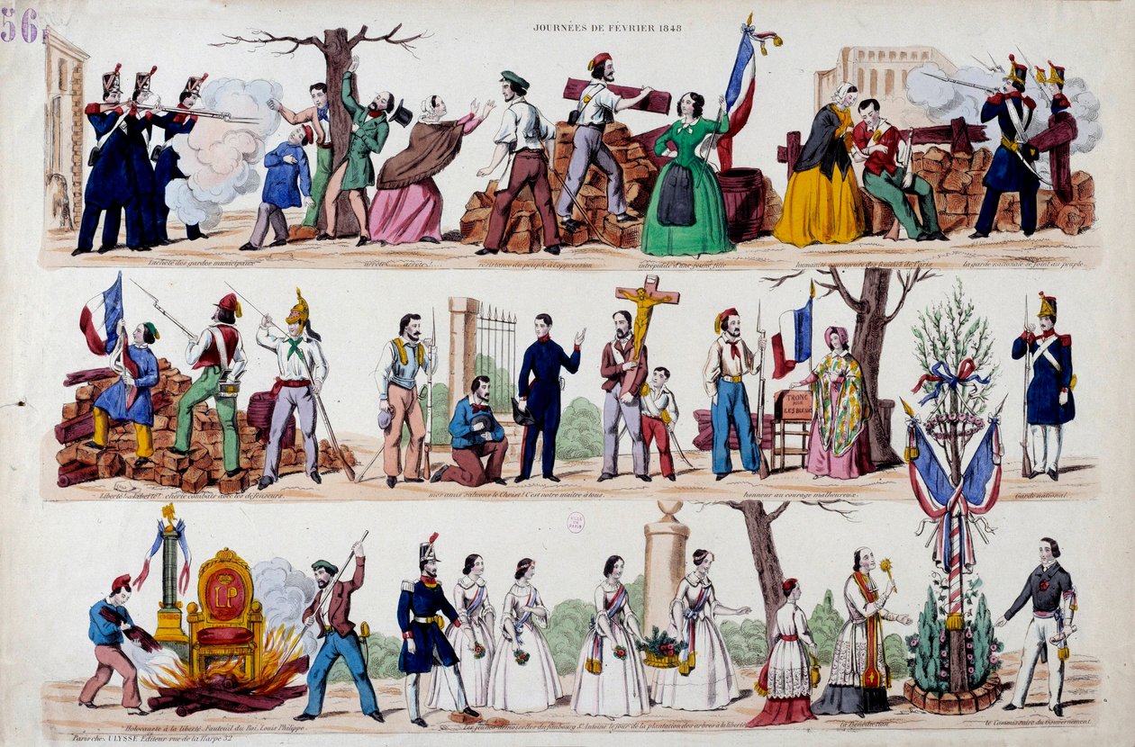 ثورة فبراير 1848: اللحظات الكبرى لانتفاضة 23 فبراير ، المتاريس ، ثم التآخي بين الجنود والعمال والبرجوازيين ، تدمير رموز سلطة لويس فيليب الأول (لويس فيليب) وأخيراً بواسطة المدرسة الفرنسية