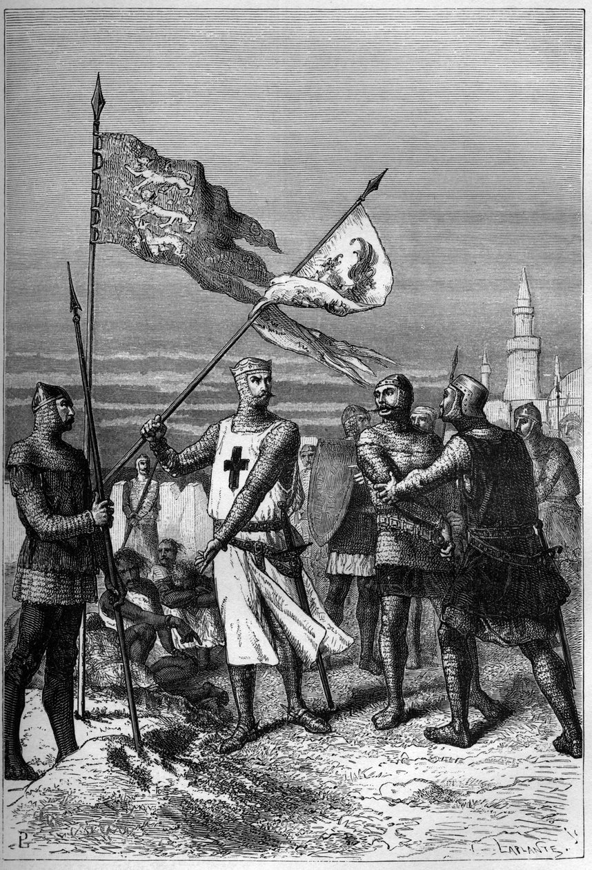 ريتشارد كور دي ليون أو ريتشارد الأول قلب الأسد (1157-1199) ملك إنجلترا ، يظهر وهو يزيل راية الأرشيدوق ليوبولد الخامس ، دوق النمسا - نقش في "تاريخ إنجلترا منذ العصور الأولى" بقلم فرانسوا جيزو بواسطة المدرسة الفرنسية
