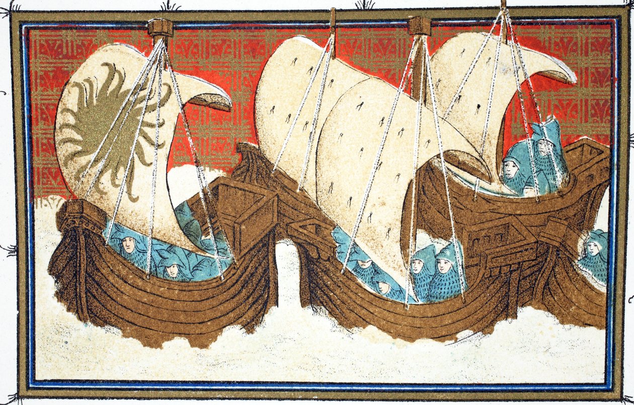 ريتشارد الثاني وأسطوله ينزلان ميلفورد هافن ، نسخة بالفاكس من Le Prinse et Mort du Roy Richart بواسطة جان كريتون ، أعيد طبعها في القرن التاسع عشر بواسطة المدرسة الفرنسية