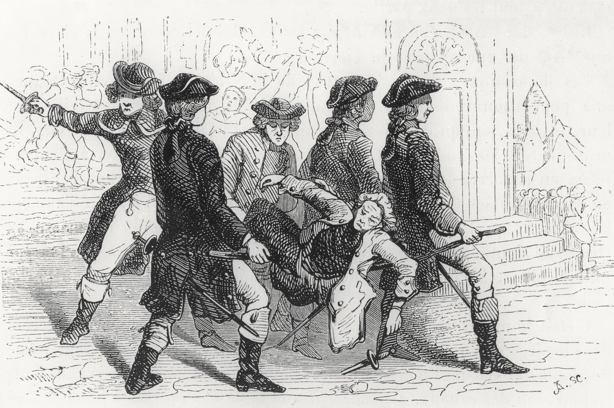 أعمال الشغب في رين ، جريح الرجل ، رسم توضيحي من Bretagne et Vendee ، هيستوار دي لا ريفولوشس ، بقلم بيتري شيفالييه (1812-63) نشره دبليو كوكبرت 1845-1848 بواسطة المدرسة الفرنسية
