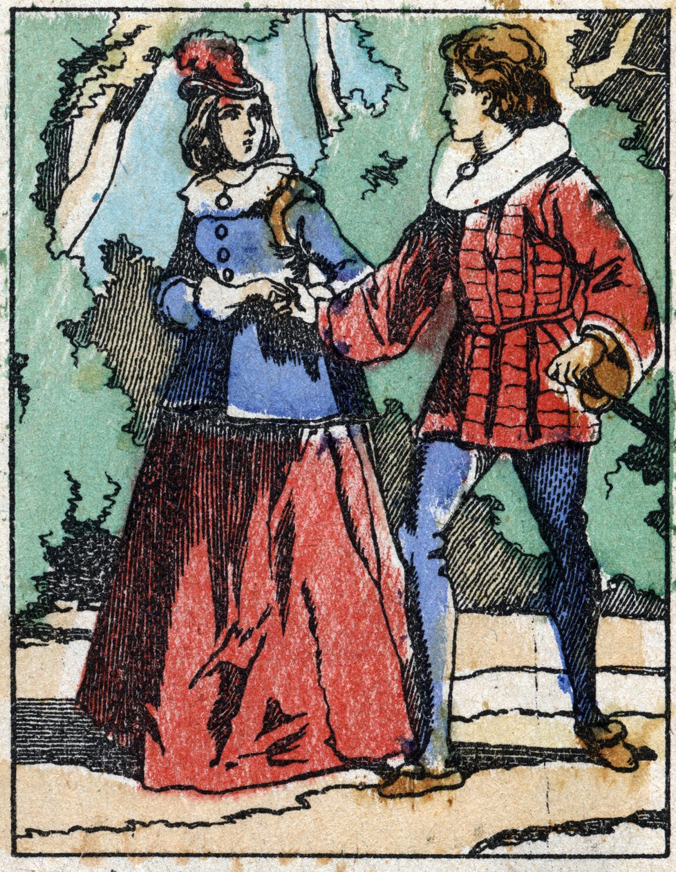 ريكيت يقدم نفسه للأميرة مرة أخرى. رسم توضيحي لـ "" Riquet a la houppe "، حكاية تشارلز بيرولت (1628-1703) ، الكاتب الفرنسي. نقش الخشب للتصوير Pellerin - إبينال ، sd. أواخر القرن التاسع عشر. بواسطة المدرسة الفرنسية