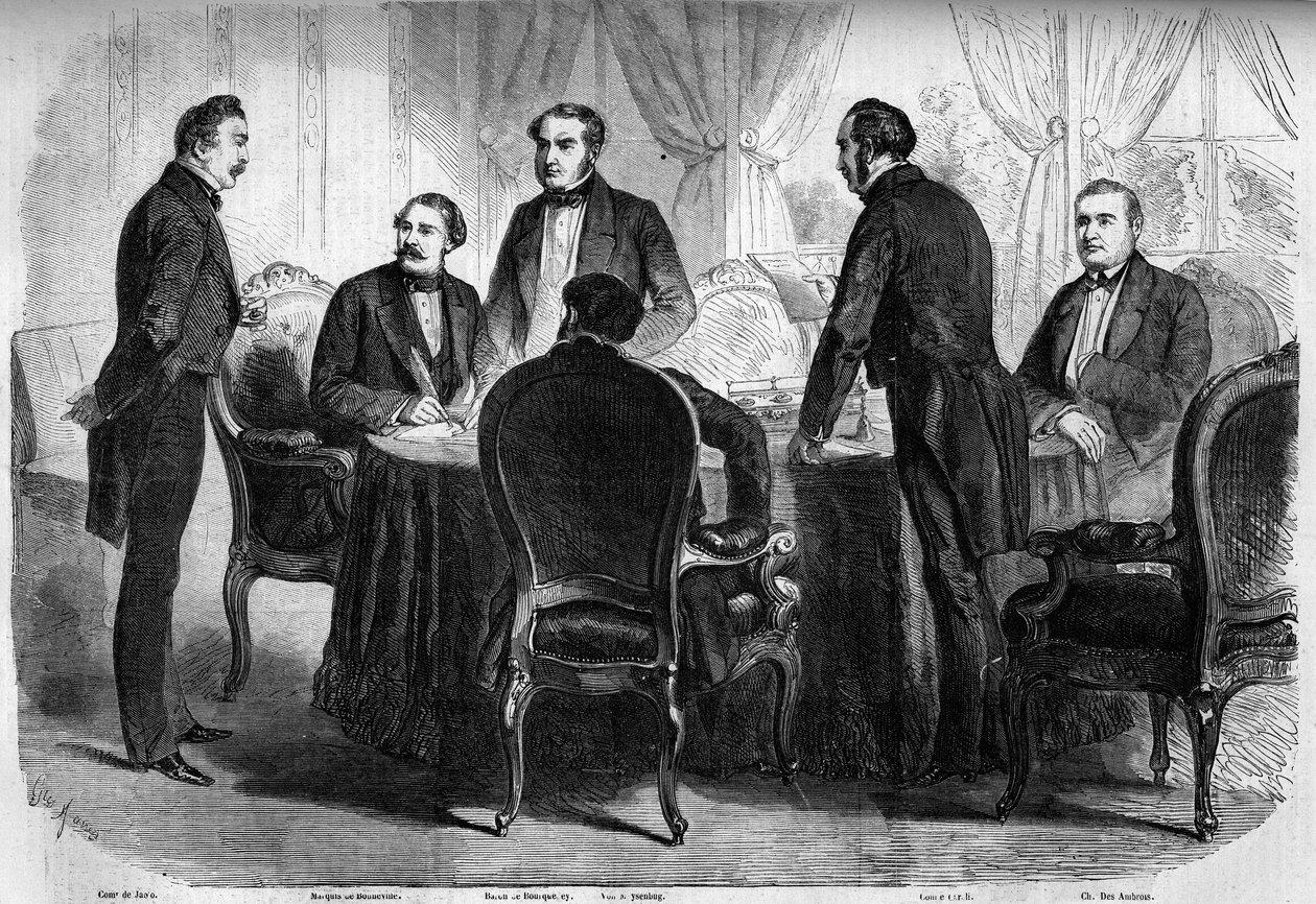 Risorgimento - معاهدة زيورخ - 10 نوفمبر 1859: توقيع معاهدة زيورخ من قبل المفوضين من فرنسا والنمسا وسردينيا. يجب على النمسا التخلي عن لومباردي وإيطاليا. نقش في "" Le Monde Illustré "" رقم 136 بتاريخ 19 نوفمبر 1859. بواسطة المدرسة الفرنسية